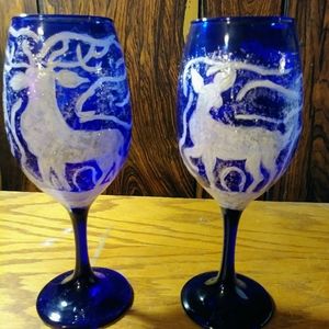 Hand Painted Cobalt Blue Wine Glasses Patronus Stag/Buck & Doe Set Of 2 ooak